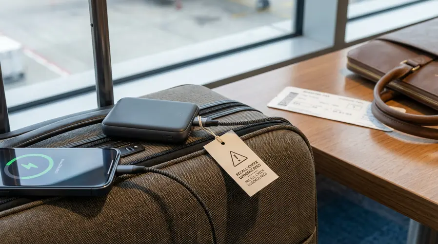 Uma foto close de um power bank compacto com aparência de carregador magnético, ao lado de uma mala de mão e um celular carregando, com destaque visual para a ideia de 'item de viagem' e uma etiqueta discreta de alerta/recall, sem mostrar marcas em evidência.