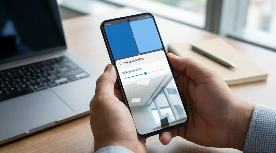 Um Galaxy com o QuickStar aberto na tela, mostrando a opção 'Split panel ratio' em destaque, o slider posicionado em um ponto intermediário e a barra de status no topo mudando ao vivo com duas tonalidades de azul para ilustrar a divisão entre Notificações e Painel Rápido.
