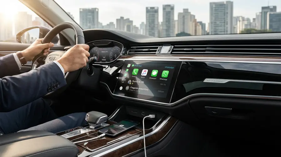 Tela de um iPhone conectado ao CarPlay mostrando a interface do WhatsApp no painel do carro, com ícones maiores e a conversa aberta de forma legível, para ilustrar como a rotina de mensagens fica mais simples enquanto dirige.