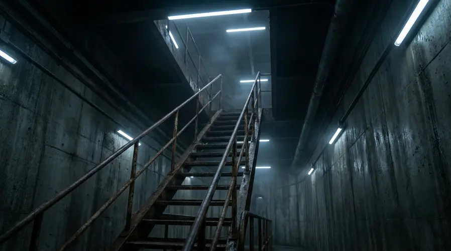 Um frame do trailer mostrando o ambiente fechado e sombrio do silo, com foco em um corredor ou escadaria vertical que passe a sensação de isolamento e mistério; a imagem deve reforçar o clima da série, não apenas o logo do Apple TV+.
