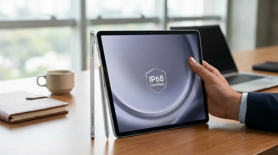 Uma foto do tablet de frente e de lado, mostrando a espessura, o peso percebido na mão e a tela grande, com a S Pen ao lado e um destaque visual discreto para o corpo em alumínio e a certificação IP68 como prova de robustez.