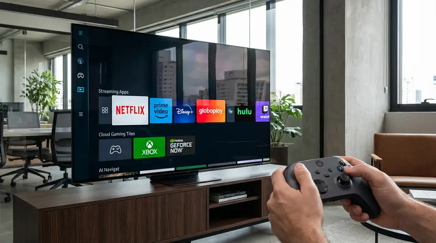 Uma foto da TV ligada exibindo a interface Tizen com vários cards de apps de streaming e, ao lado, um controle Bluetooth na mão, reforçando visualmente a ideia de uso para jogos na nuvem, filmes e navegação por IA.