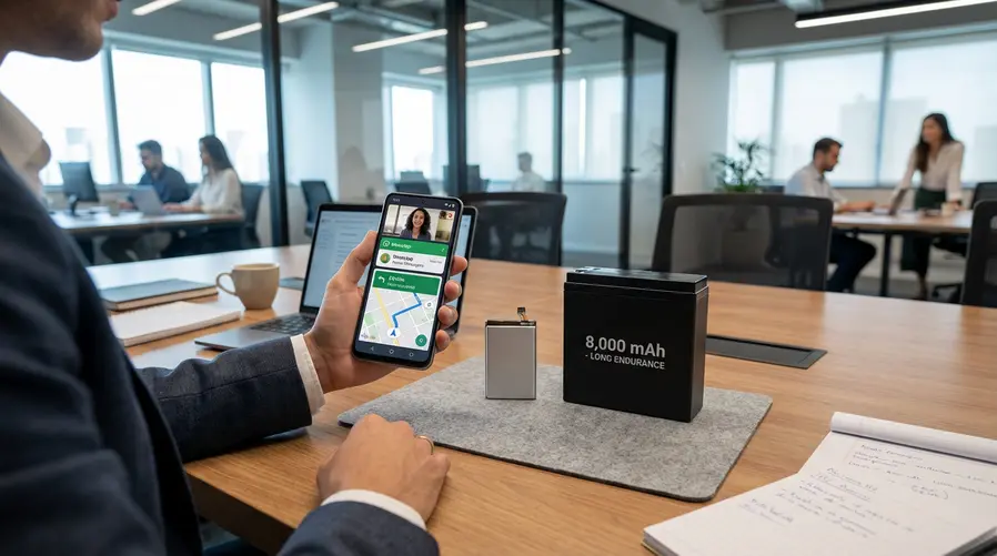 Uma imagem comparando visualmente a autonomia de uma bateria comum de smartphone com um bloco maior representando 8.000 mAh, ao lado de um celular em uso durante um dia corrido com apps de vídeo, mensagens e mapas, para ilustrar a ideia de mais horas longe da tomada.
