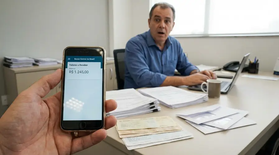 Um celular exibindo a tela de consulta do Banco Central ou de um banco, com uma pessoa ao fundo olhando extratos antigos e notificações de contas inativas, reforçando a ideia de que há dinheiro esquecido para resgate.