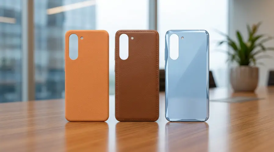 Uma composição com os três acabamentos lado a lado, mostrando claramente o laranja com textura de arenito, o marrom com aparência de couro vegano e o azul-claro com efeito cristalino, todos vistos de perto para destacar textura e reflexo da superfície.