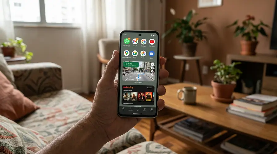 Uma foto em uso real do Pixel 10a na mão, mostrando a tela com apps comuns do cotidiano — como mensagens, mapa e streaming — em um ambiente doméstico brasileiro, para reforçar a ideia de custo-benefício e uso no dia a dia, sem foco em especificações técnicas.