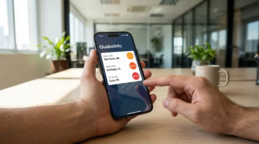 Tela do QuakeInfo aberta em um iPhone mostrando uma lista de terremotos recentes, com horários, localização e intensidade em destaque, para ilustrar a ideia de acompanhar eventos em tempo real de forma rápida e simples.