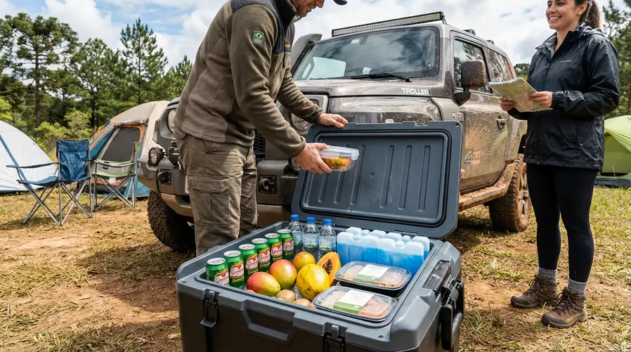 Foto do cooler aberto em uso real, com bebidas, alimentos e compartimentos visíveis ao lado de um carro ou de uma área de camping, mostrando claramente a capacidade de 58 litros e a ideia de armazenamento prolongado sem gelo derretendo.