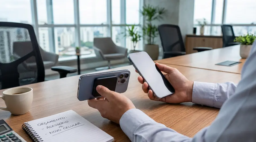 Uma cena comparando o custo-benefício: um iPhone com o Snap monitor preso magneticamente na traseira ao lado de um celular novo em uma mesa, com foco no contraste entre comprar o acessório e trocar de aparelho, sem mostrar marcas de forma promocional.