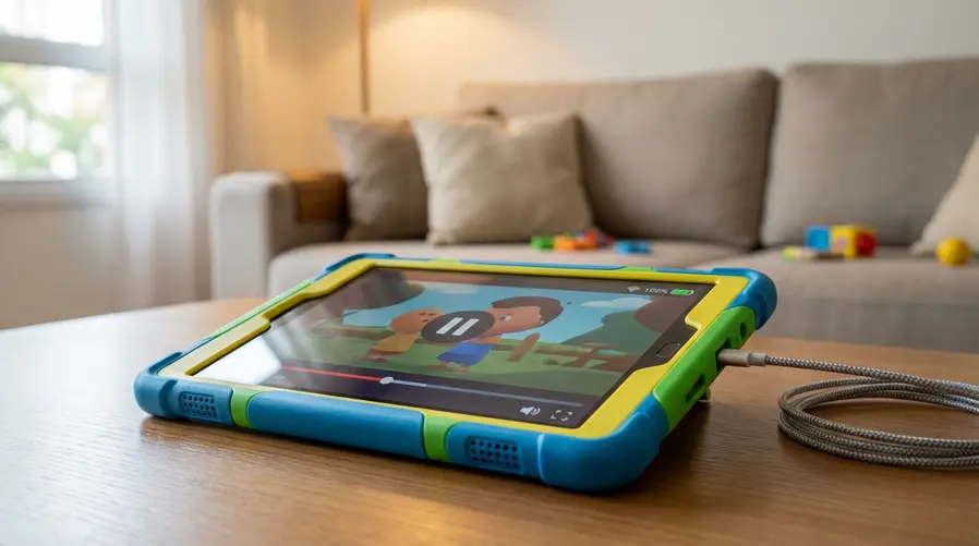 Uma imagem do tablet com a interface de reprodução de vídeo aberta em uma sala de casa, mostrando a tela de 11 polegadas, as capas coloridas ao redor do aparelho e um destaque visual para os quatro alto-falantes e a ideia de bateria para uso longo, sem focar em propaganda da marca.