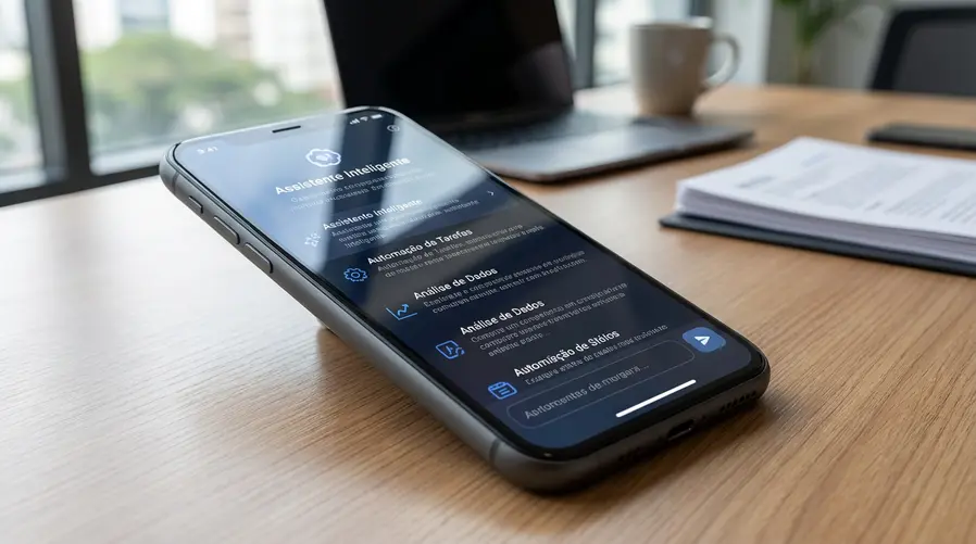 Um close do celular mostrando a tela ligada com uma interface de recurso de IA aberto, enquanto ao lado aparece o corpo do aparelho em ângulo que evidencie uma construção simples e discreta, reforçando o contraste entre as funções inteligentes e o acabamento comum.