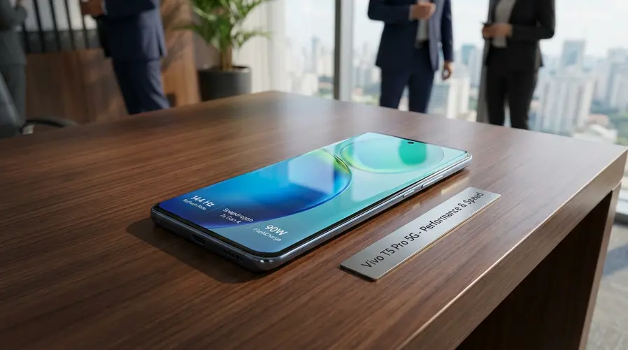 Uma imagem em close do Vivo T5 Pro 5G mostrando a tela AMOLED ligada com interface fluida, ao lado de um gráfico visual discreto destacando 144 Hz, Snapdragon 7s Gen 4 e 90W, para reforçar a ideia de um pacote equilibrado de desempenho e recarga.