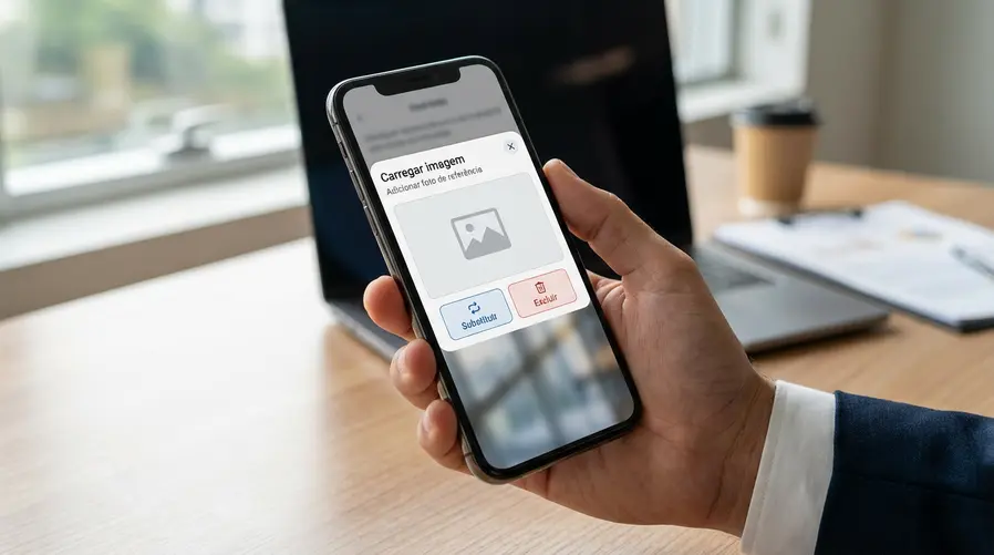 Uma tela de celular mostrando o ChatGPT/Image section com a opção de adicionar uma foto de referência, ao lado de ícones claros de 'substituir' e 'excluir', destacando visualmente o controle do usuário sobre a imagem enviada.
