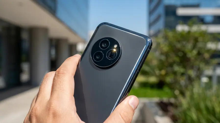 Uma imagem em close do Google Pixel 10 mostrando a traseira com o módulo de câmeras tripla, destacando visualmente a lente telefoto de 5x e a tela brilhante em um ambiente externo ensolarado, para reforçar a seção sobre os recursos do aparelho.
