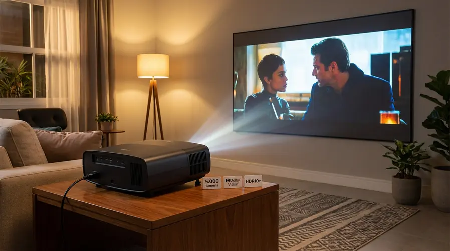 Um projetor premium exibindo uma imagem 4K muito clara em uma sala de estar parcialmente iluminada, com a cena na tela mostrando contraste forte e cores vivas; ao lado, elementos visuais discretos destacando 5.000 lumens, Dolby Vision e HDR10+ como etiquetas de especificações.