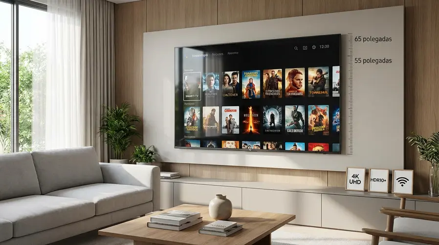 Uma imagem de uma sala de estar com uma Smart TV grande ligada em um app de streaming, ao lado de elementos que sugiram comparação de escolha, como uma régua de tamanho na parede e ícones discretos de 4K, HDR e Wi‑Fi, para reforçar a seção sobre os recursos que realmente importam na compra.