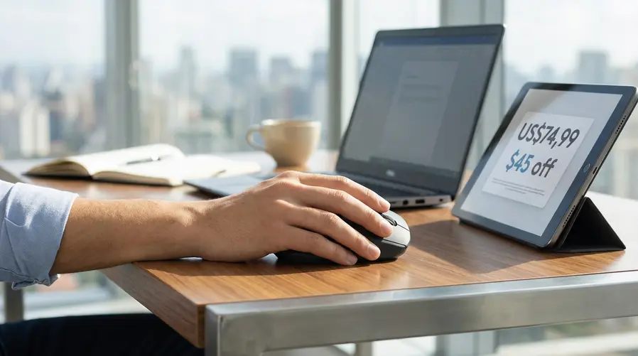 Uma foto do Logitech MX Vertical em uso sobre uma mesa de trabalho, com a mão apoiada em posição inclinada e, ao lado, um destaque visual do preço promocional de US$74,99 e do desconto de US$45.