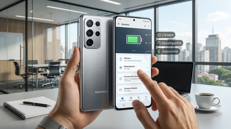 Uma foto comparativa de um smartphone premium em uso, com destaque visual para tela, módulo de câmera e bateria/ícone de carga, acompanhada de pequenos elementos gráficos que simbolizem os motivos de compra: câmera, desempenho e autonomia.