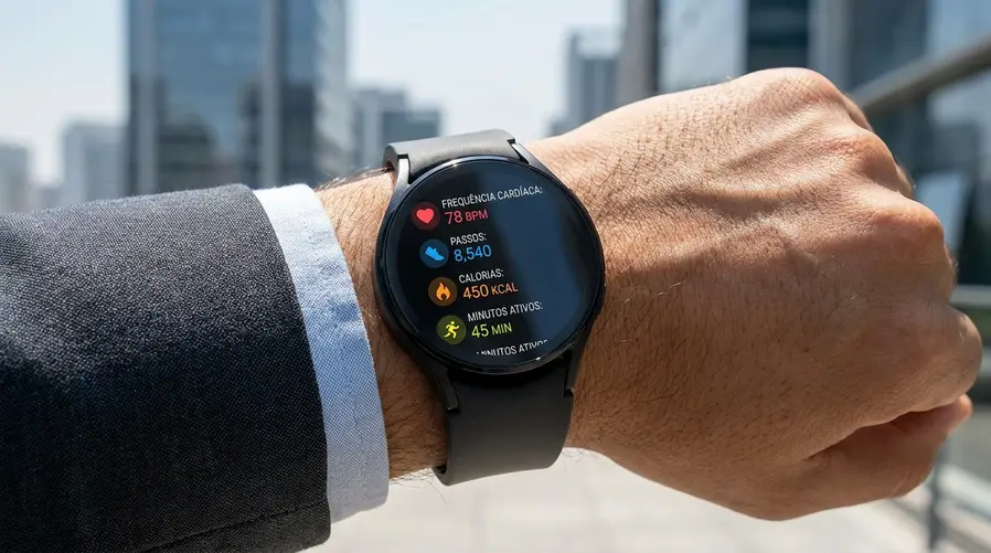 Mostrar o Galaxy Watch 8 no pulso em uso cotidiano, com a tela acesa sob luz forte do sol exibindo métricas de saúde ou treino, para reforçar a ideia de brilho alto, leitura fácil ao ar livre e recursos de monitoramento no dia a dia.