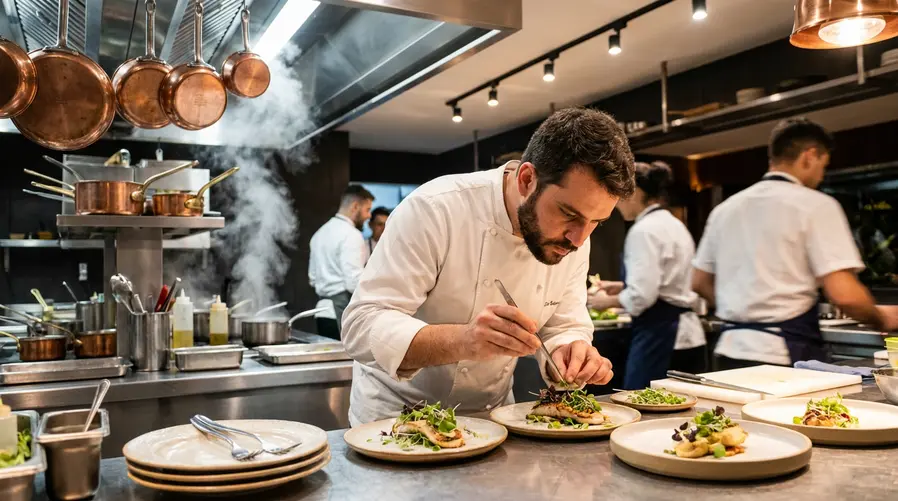Uma imagem de bastidores de cozinha de restaurante sofisticado: chef concentrado em um prato em montagem, bancadas impecáveis, luz quente de cozinha profissional e clima de competição documental, para ilustrar a ideia de programas de gastronomia com visual premium e narrativa envolvente.