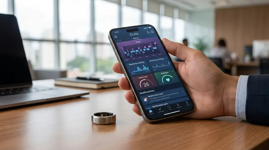 Uma composição mostrando o Oura Ring 5 ao lado de um celular exibindo gráficos de sono e saúde, com destaque visual para o tamanho menor do anel e uma tela com recursos como monitoramento de atividade em tempo real e indicadores de saúde, para reforçar as novidades da nova geração.