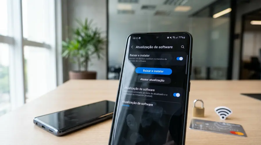 Uma tela de smartphone mostrando a área de Atualização de software nas configurações, com o botão de baixar e instalar em destaque, ao lado de um celular com ícones discretos sugerindo segurança digital, como cadeado, cartão bancário e Wi‑Fi.