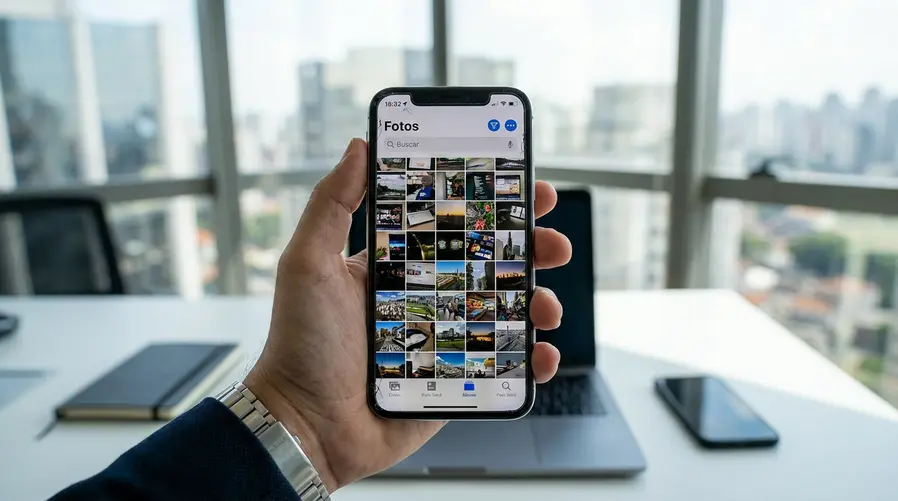 Uma tela de iPhone mostrando o app Fotos com uma grade de imagens, álbuns organizados e opções de busca/filtragem em destaque, como se o usuário estivesse tentando achar rapidamente uma foto específica entre muitas.