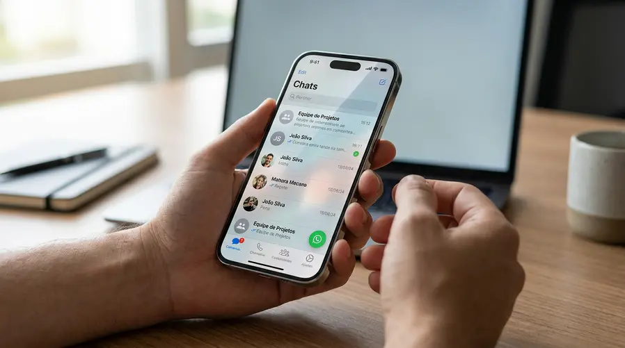 Captura de tela de um iPhone com o WhatsApp aberto mostrando a interface com aparência mais translúcida e brilhante do Liquid Glass, destacando a barra inferior, listas de conversas e menus com o novo visual para ilustrar as mudanças que o usuário percebe no dia a dia.
