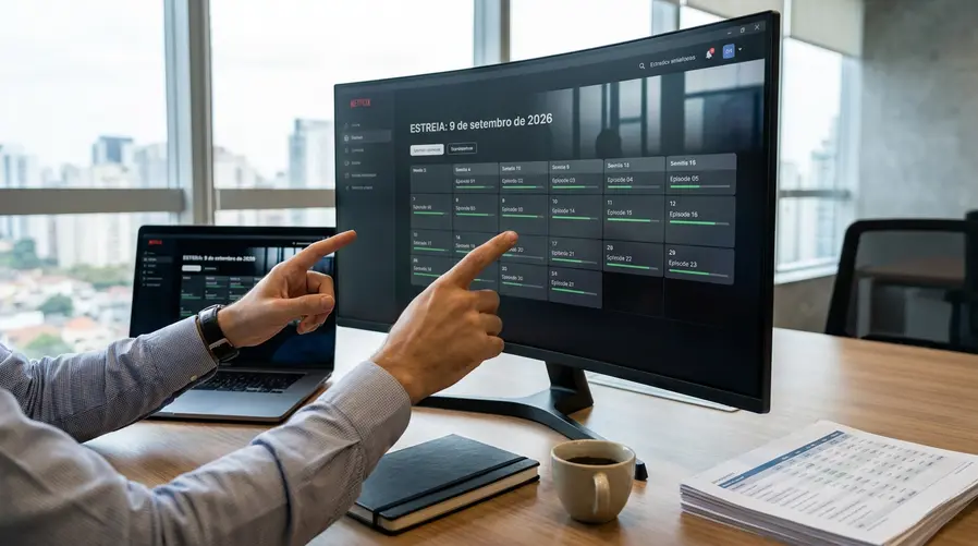 Uma imagem de destaque com interface de streaming em destaque mostrando a data de estreia '9 de setembro de 2026' e um calendário visual com os episódios distribuídos por semanas, reforçando a ideia de lançamento em doses semanais.