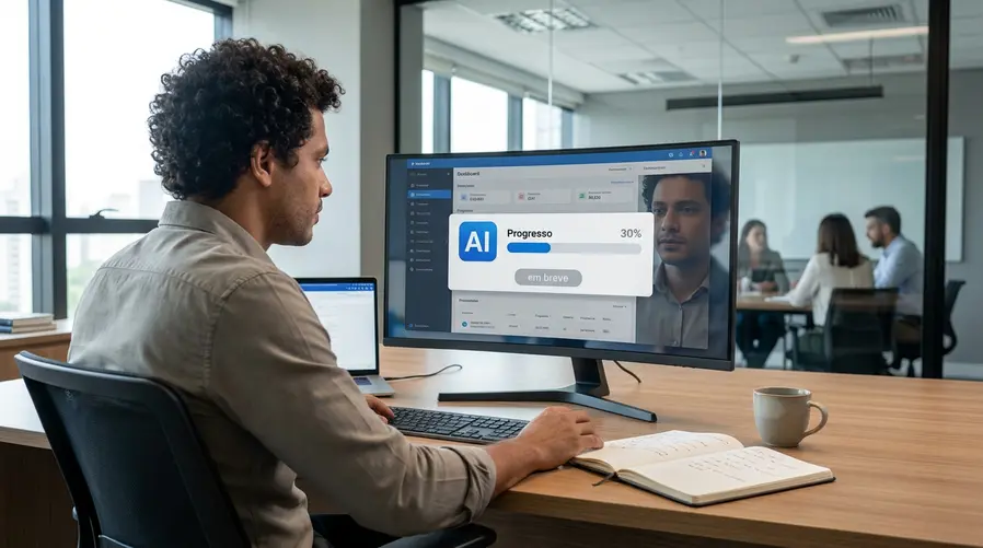 Uma imagem que mostre uma interface de software corporativo com um selo visual de 'AI' ao lado de uma barra de progresso incompleta ou de um botão 'em breve', reforçando a ideia de promessa ainda não entregue na prática.