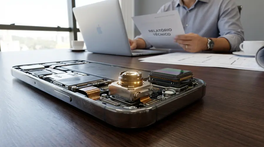 Close de um módulo de câmera de iPhone Pro mostrando a lente principal e componentes internos do conjunto óptico, com destaque visual para a peça nova que encarece o hardware — algo que ajude o leitor a entender que a melhoria é 'por dentro', não só no software.