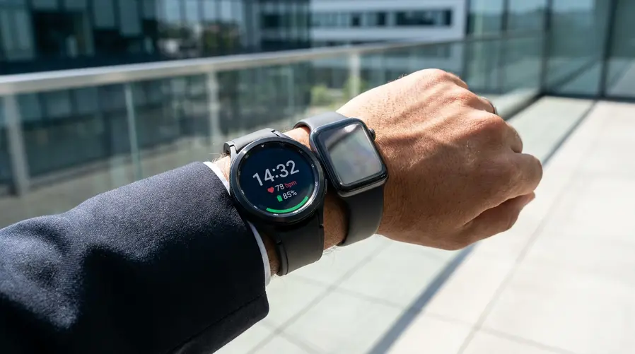 Um Galaxy Watch sendo usado no pulso sob luz forte do sol, com a tela claramente legível exibindo horário, batimentos e um ícone de bateria; ao lado, um enquadramento comparando a visualização sob iluminação intensa com um relógio comum de tela menos brilhante, para ilustrar a vantagem prática da Micro LED no dia a dia.