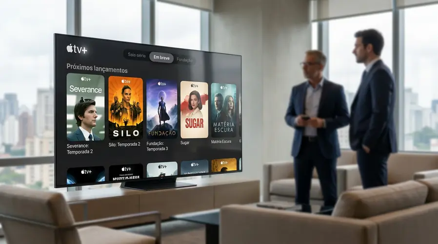 Uma imagem de destaque com a interface do Apple TV+ em uma smart TV ou tablet exibindo a área de 'Em breve' ou 'Próximos lançamentos', com capas de séries novas organizadas em fileiras, para ilustrar especificamente a leva de estreias que está a caminho.