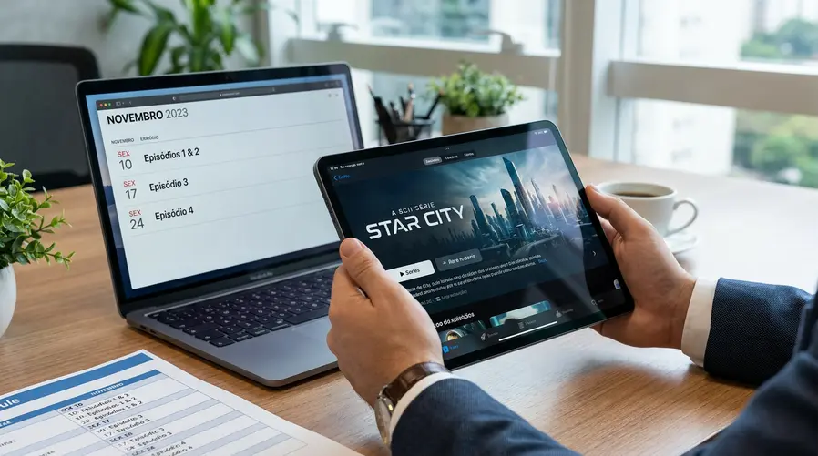 Uma imagem mostrando a tela do Apple TV com o card de “Star City” e um destaque visual para o formato de estreia em dois episódios, como se fosse a página do título no app, com o calendário de episódios semanais aparecendo ao lado ou abaixo.