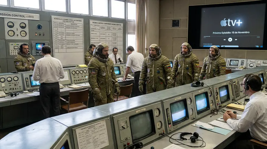 Uma arte da série ou frame promocional que mostre a atmosfera soviética da produção, de preferência com cosmonautas, equipamento de missão espacial e visual de centro de controle, para reforçar que a seção trata da disponibilidade no Apple TV+ e do calendário de episódios.