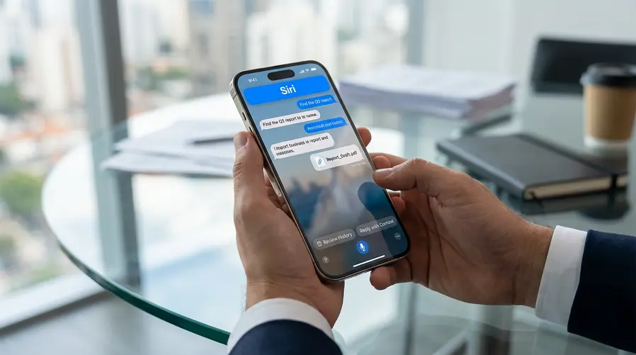 Uma imagem mostrando a interface da nova Siri em formato de chat dentro de um iPhone, com uma tela de histórico de mensagens/ações, um exemplo de upload anexado e a navegação sugerindo que a assistente pode revisar conversas anteriores e responder de forma mais contextual.