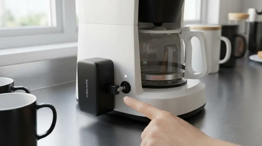 A imagem deve mostrar o SwitchBot Bot Rechargeable posicionado ao lado de um botão físico real sendo pressionado, idealmente em algo cotidiano como uma cafeteira, um interruptor ou um eletrodoméstico simples, para deixar claro o uso prático da automação naquela seção.
