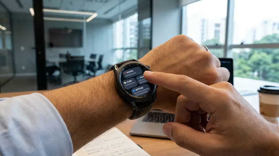 Uma captura de tela de um smartwatch com a interface do Wear OS exibindo cartões de acesso rápido organizados em formato de widgets, destacando a área que antes era ocupada pelos Tiles e sugerindo a nova navegação com blocos visuais.