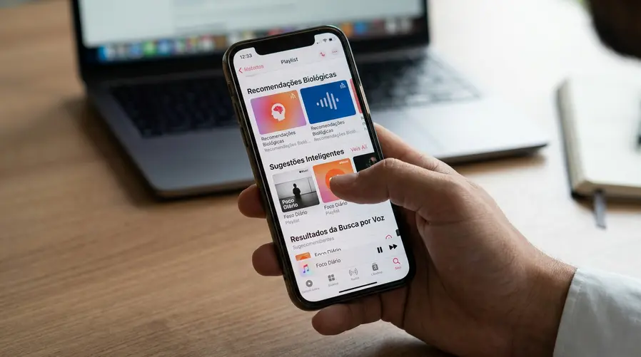 Tela de um iPhone aberto no Apple Music mostrando recomendações de álbuns, playlists e busca por voz/assistida, com elementos visuais que sugiram inteligência artificial ajudando a descobrir músicas — por exemplo, cards de sugestão, ícones discretos de IA e uma interface limpa em uso cotidiano.