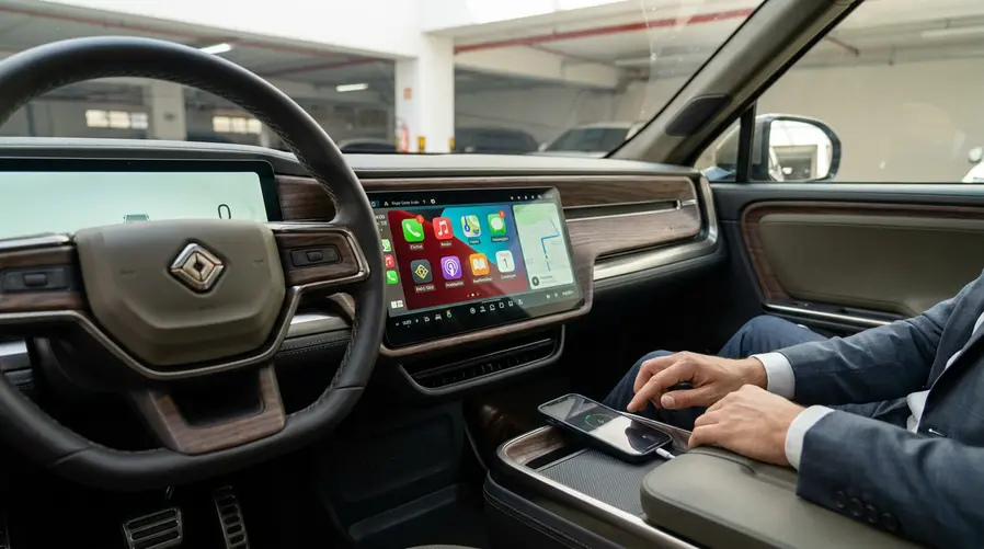 Uma imagem de um painel de carro mostrando o iPhone conectado ao sistema de entretenimento, com a interface do CarPlay aberta na tela central e destaque visual para a ideia de integração entre celular e veículo.