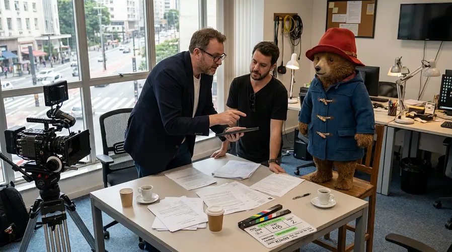 Uma imagem que mostre Dougal Wilson e o personagem Paddington em contexto de bastidores de cinema, com clima de negociação e continuidade — por exemplo, uma composição com claquete, câmera e o urso em destaque, sugerindo que a franquia pode seguir com o mesmo diretor, mas sem parecer anúncio oficial de produção.