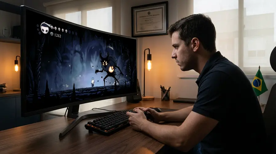 Uma captura de tela de Hollow Knight mostrando um chefe em combate intenso, com a interface visível e o cenário escuro característico, para reforçar visualmente que esta seção trata das conquistas mais difíceis e dos desafios de precisão.