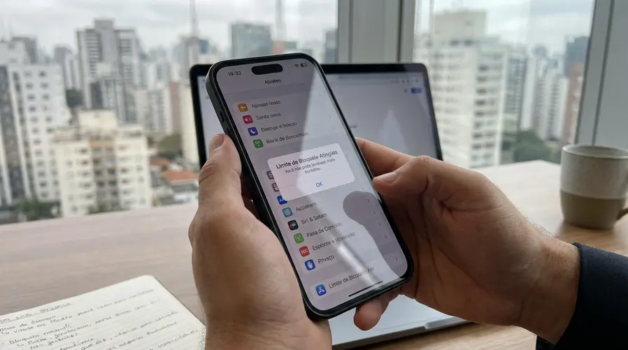 Um print da interface do iPhone mostrando o aviso ao tentar bloquear um contato após atingir o limite máximo, com a mensagem de alerta em destaque na tela para ilustrar o único comportamento novo identificado na beta.