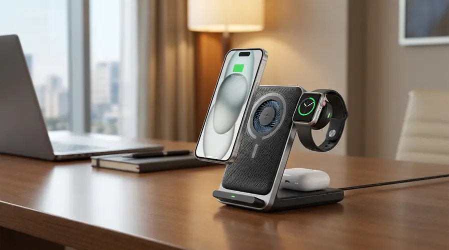 O carregador em uso sobre uma mesa de hotel ou bancada de viagem, com o iPhone em destaque, mostrando claramente a área de ventilação/refrigeração ativa e os três dispositivos sendo carregados ao mesmo tempo.