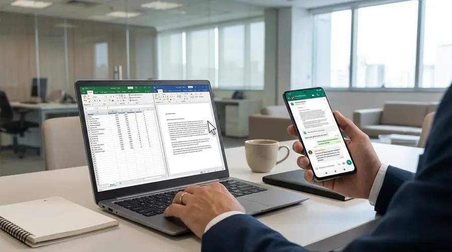 Uma imagem ou GIF mostrando a transferência de arquivos e a continuidade de tarefas entre um celular Android e um notebook, com janelas lado a lado e um cursor passando de um dispositivo para o outro, para reforçar a integração nativa do Googlebook com o smartphone.