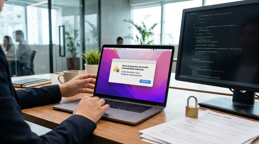 Uma ilustração de um notebook Mac com uma janela de alerta de segurança na tela, ao lado de linhas de código e um cadeado aberto, mostrando a ideia de uma falha sendo explorada e não apenas um computador genérico ou uma imagem de IA abstrata.