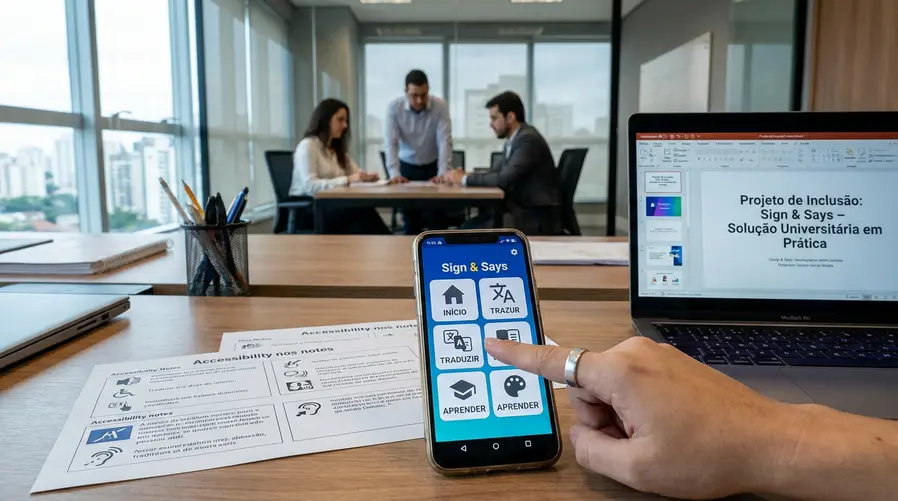Uma imagem mostrando um dos projetos criados por ex-alunos em uso real, de preferência um celular exibindo uma interface simples do app Sign & Says com ícones, pictogramas e sinais visuais claros, para reforçar a ideia de acessibilidade e utilidade prática.