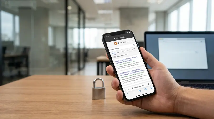 Uma tela de smartphone mostrando uma busca no DuckDuckGo ao lado de elementos visuais discretos de privacidade, como um cadeado e a ausência de anúncios invasivos, para ilustrar a ideia de um buscador mais simples e menos focado em perfil do usuário.