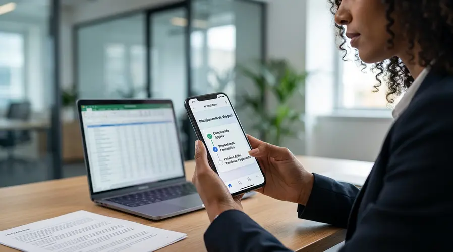 Uma interface de celular mostrando uma IA organizando uma viagem ou compra online em etapas: comparando opções, preenchendo campos e sugerindo a próxima ação, com elementos visuais claros de tarefas encadeadas e uma linha de progresso.