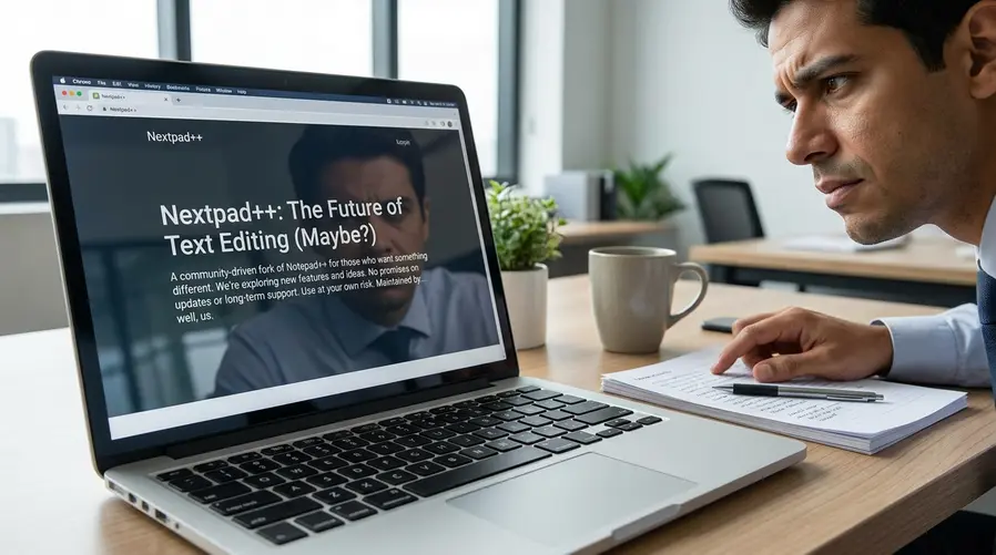 Uma captura de tela do site ou página do projeto mostrando o novo nome Nextpad++, o trecho de apresentação do app e elementos que transmitam a dúvida sobre autenticidade, como descrição vaga, menção ao fork e ausência de informações claras sobre a equipe mantenedora.